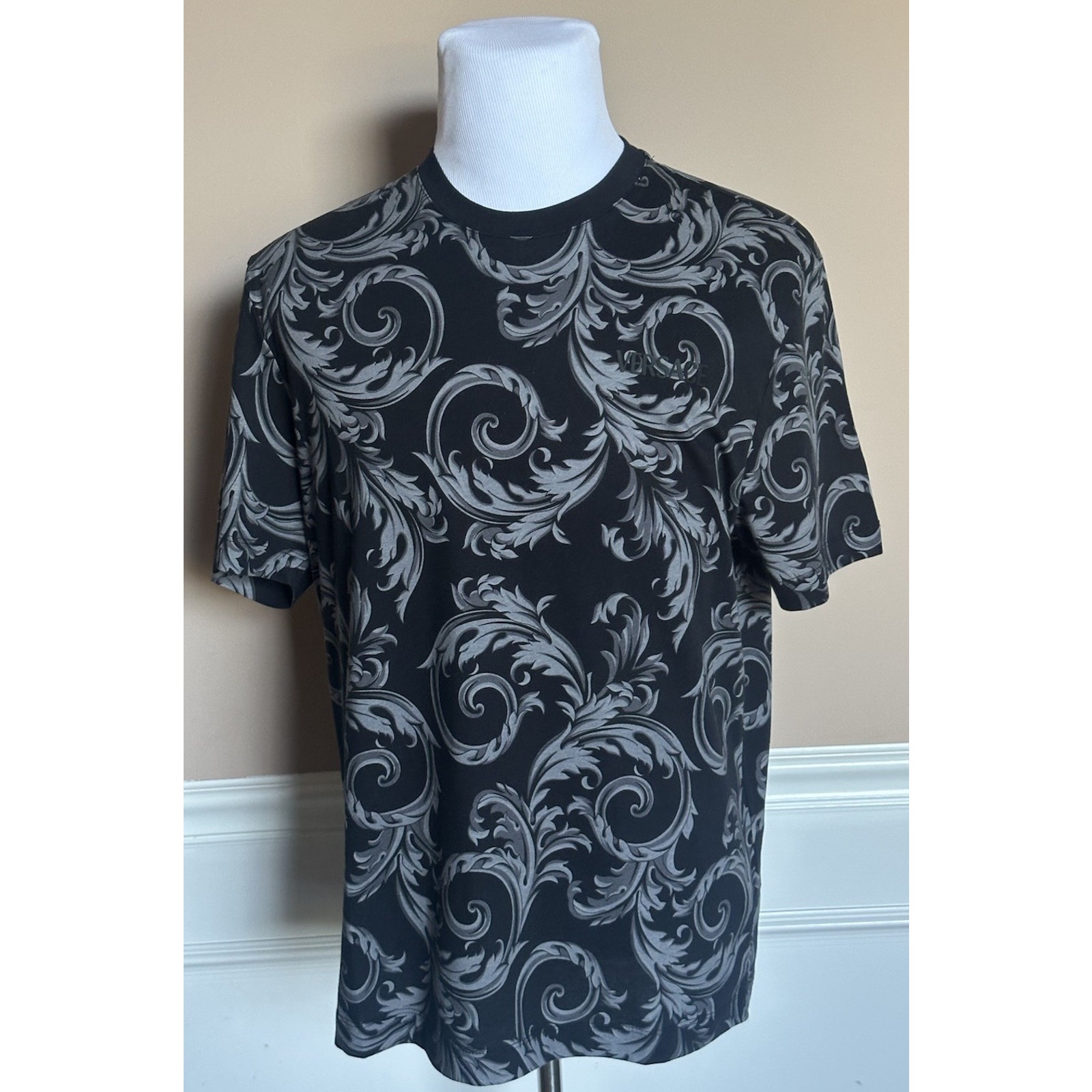 Versace Leafy Baroque Cotton Jersey T-Shirt Black/Gray 3xl 1019460 Nwt $625